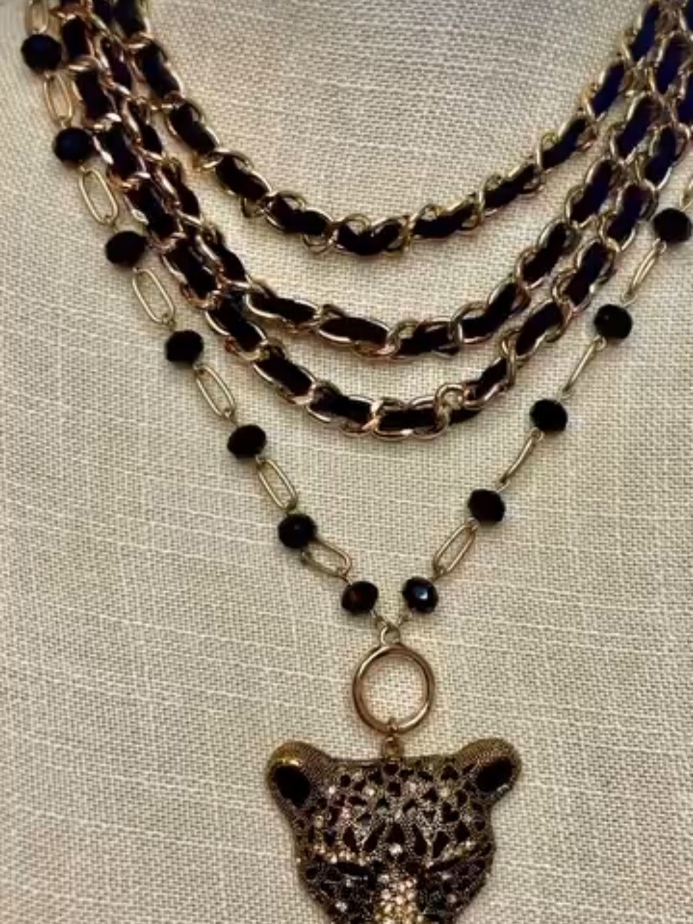 Gold and Black Multi-Strand Leopard Pendant Necklace - Women Jewelry